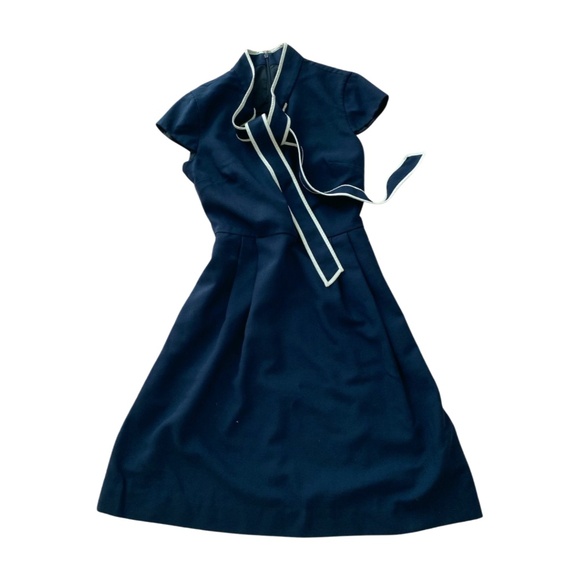 J.Crew Navy Wool Dress with Ivory Trim Tie Neck – Size 2 - Picture 1 of 8